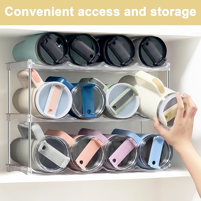 Stackable Water Bottle Organizer & Holder for Cabinet - Clear Acrylic Tumbler Storage Rack for Stanley 40oz Cups, Wine Bottles & Large Tumblers - 3-Tier Pantry and Kitchen Organizer Holds 12 Bottles﻿