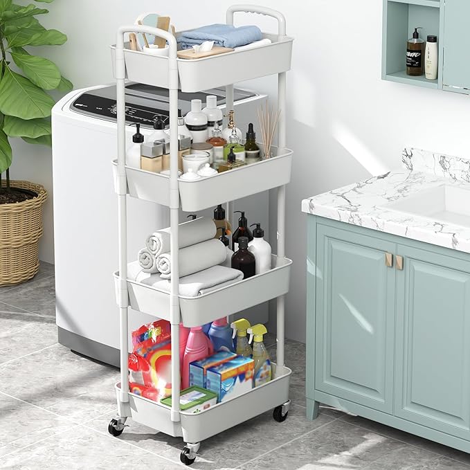 Sywhitta 4-Tier Plastic Rolling Utility Cart with Handle, Multi-Functional Storage Trolley for Office, Living Room, Kitchen, Movable Storage Organizer with Wheels, White
