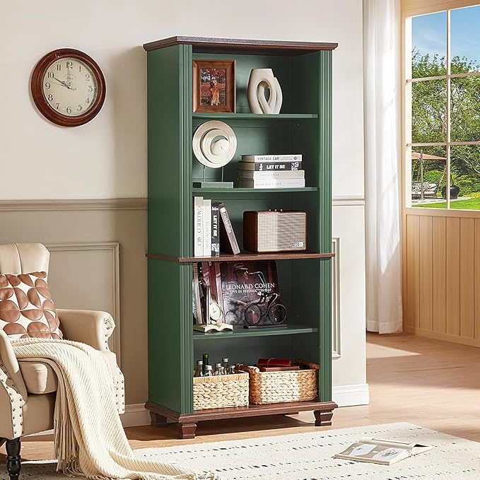 70" Tall Green Bookshelf,5 Tier Wooden Book Shelf with Adjustable Shelves & Wood Legs,Free Standing Farmhouse Bookcase with Open Display Storage,Vintage Bookshelves for Library, 3PCS