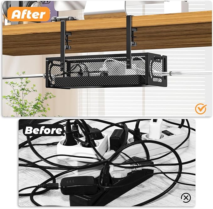 Under Desk Cable Management Tray, 15.7'' No Drill Steel Desk Cable Organizers, Wire Management Tray Cable Management Rack (1 Pack-Black)