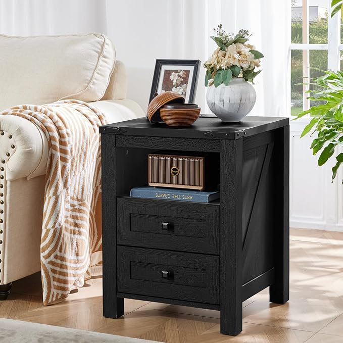 Night Stands with Charging Station Set of 2, Farmhouse Nightstand, Wooden Bedside End Tables with 2 Drawers and Open Shelf, Bed Side Table for Bedroom, Living Room, Closet, Office (Black)