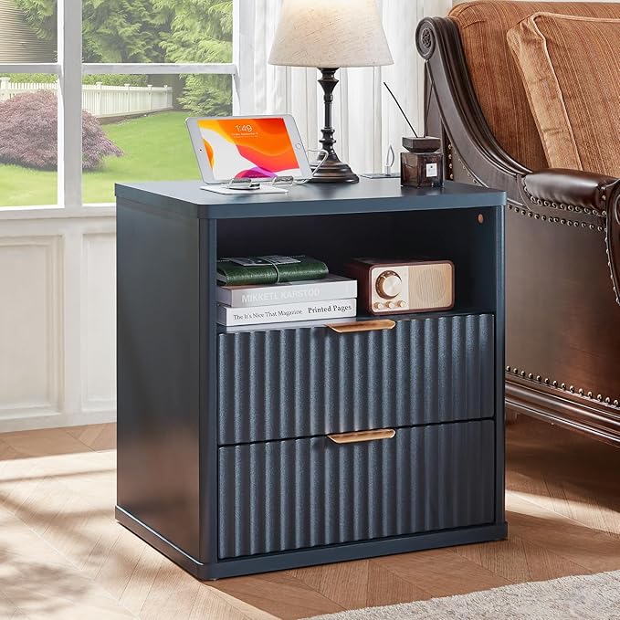 LEYAOYAO Fluted Nightstand with Charging Station, 23" Modern Night Stand with Woodgrain Top, 2 Drawers End Table w/Storage, Bedside Tables for Bedroom, Living Room, Curved Profile Design, Blue