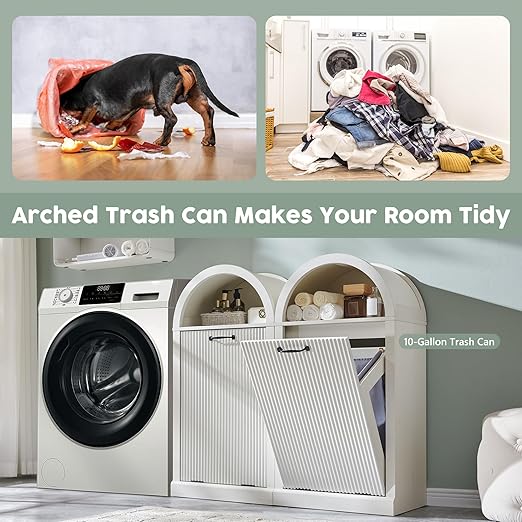 Arched Tilt-Out Trash Can Cabinet, Fluted 10 Gallon Trash Cabinet Set of 2, Modern Laundry Hamper, Hidden Garbage Can with Storage Basket for Kitchen, Living Room, White