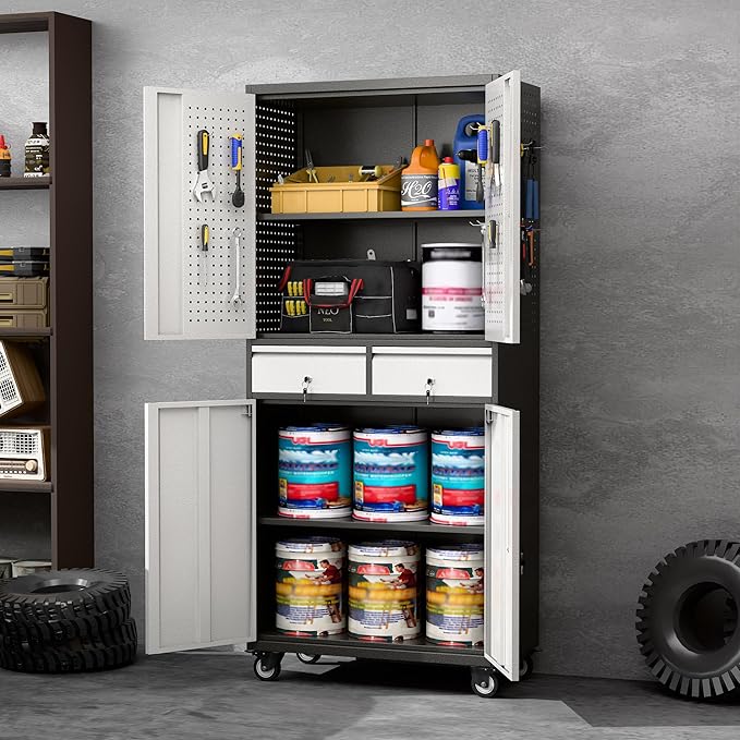 71''H Metal Storage Cabinet with Wheels & Pegboard,Rolling Lockable Tool Cabinet with Adjustable Shelves & 2 Drawer for Garage,Offices,Homes,Pantries Assembly Required