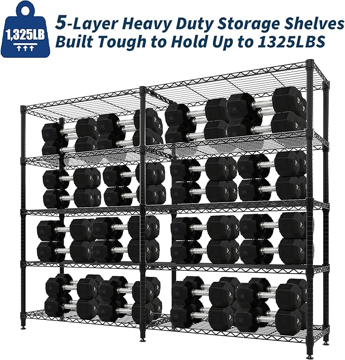 5 Tier Storage Shelving Unit Metal Shelves 70" W Wire Shelving, 70" H L-Shaped Pantry Shelves Kitchen Storage Shelves for Home Commercial Garage Heavy Duty, 70.8" H x 70.4" W x 15.7" D