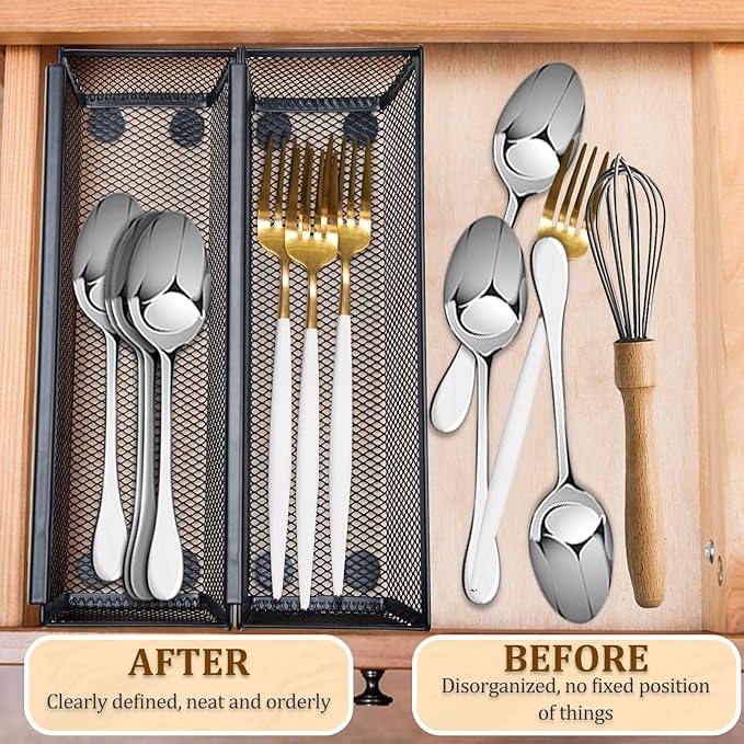 2PCS Drawer Organizer for Kitchen,Utensil Mesh Drawer Organizer with Interlocking Arm for Cosmetic,Flatware,Pen (9 * 3 * 2 Inches,Black)