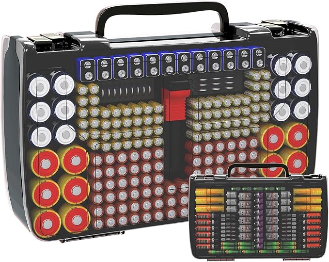 Battery Organizer Storage Holder Box Case with Tester- 269 Batteries Double-Sided Variety Pack, Holds AA AAA 4A C D Cell 9V 3V Lithium LR44 CR2 CR123 CR1632 18650 Button- Grey