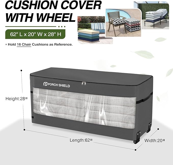 Porch Shield Rolling Cushion Storage Bag with Wheel - Heavy Duty Large Container for Furniture Pillow 9 Ft Tree Christmas 62" L x 20" W x 28" H