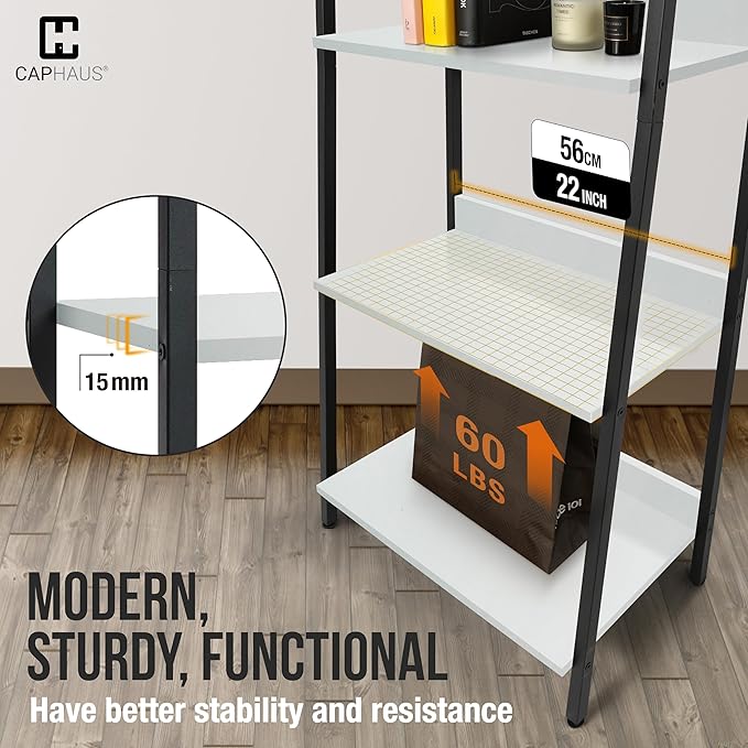 CAPHAUS 5 Tier Ladder Bookshelf, 24 Inch Width Free Standing Shelf, Bookcase Shelf Storage Rack Organizer, Industrial Book Shelves for Home Office, Living Room, Kitchen, White, Vintage Shelves