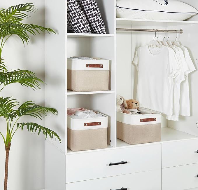 DECOMOMO Storage Baskets for Shelves - Fabric Storage Bins, Linen Closet Organizers and Storage (Beige & White, Large - 3 Pack)