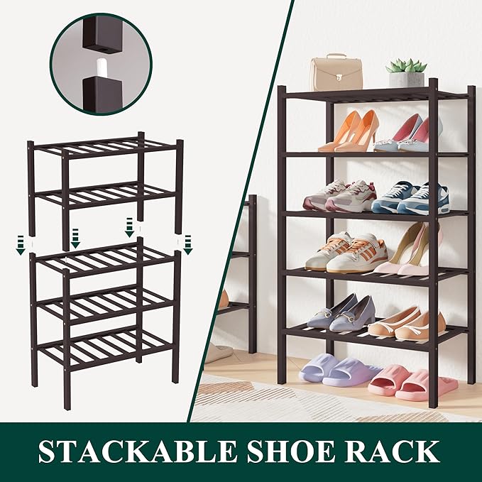 Smiry Bamboo Shoe Rack for Closet, 3 Tier Small Wooden Stackable Shoe Organizer, Free Standing Shoes Storage Shelf for Entryway, Front Door Entrance, Brown