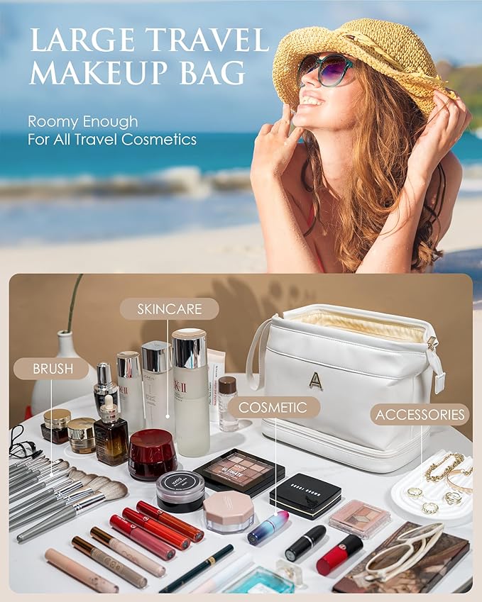 Birthday Gifts for Girls, Initial Large Makeup Bag, Personalized Double Layer Cosmetic Bag with Makeup Brush Organizer, Large Capacity PU Leather Travel Toiletry Bag Travel Stuff for Girls