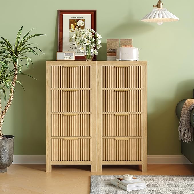 Mid-Century Modern Tall Wooden Dresser with 8 Spacious Drawers, Entryway Storage Chest with Smooth Metal Handles, Bedroom Clothes Organizer for Entryway, Office, and Small Spaces, Natural X2