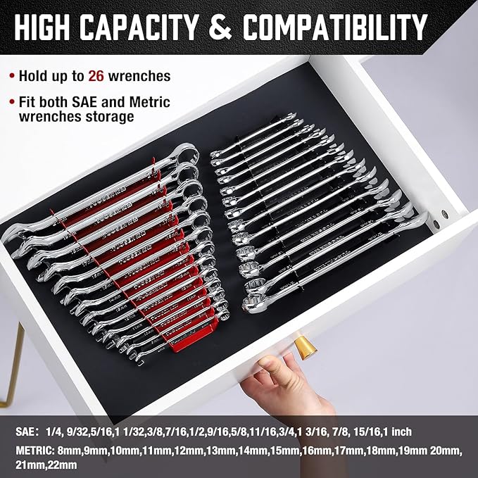 ALOANES 26-Slot Metal Wrench Organizer, Heavy Duty Wrench Organizer Tray for Tool Box, Professional Fit SAE & Metric Wrench Storage, 2 Pack Wrench Holders(Red&Black)