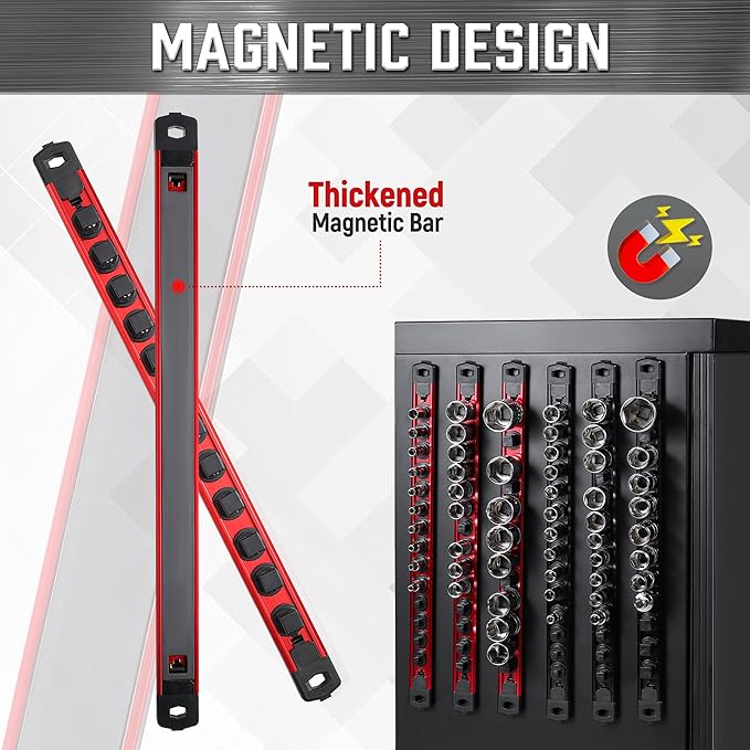 ALOANES 3-Piece Magnetic Socket Organizer, Heavy Duty Aluminum Socket Rails Organizer, 360° Swivel Clips Socket Holder Kit for Tool Box, 1/4-Inch Socket Holder x 42 Clips (Red)