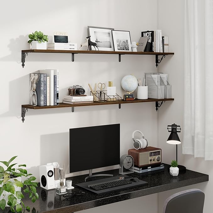 Fun Memories 55 Inch Floating Shelves, Long Floating Shelves Wall-Mounted, 8 Inch Deep Bookshelf with Bracket, 55" W x 8" D Shelves for Wall Display & Storage, Walnut, Set of 2