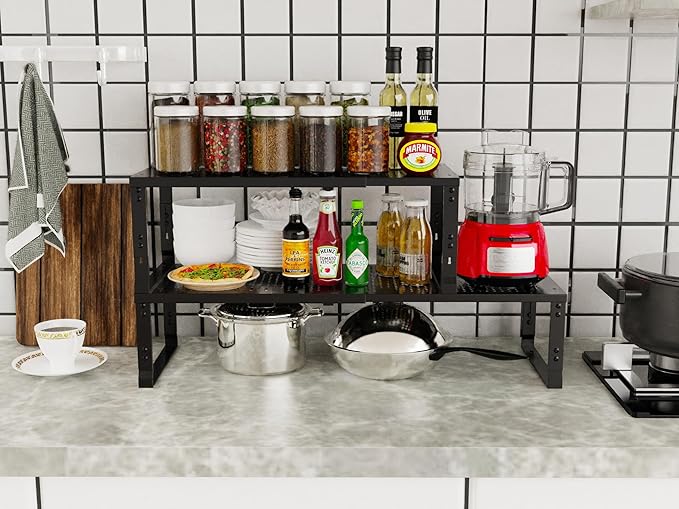 Adjustable Expanable Stackable Spice Rack Shelf Pantry Storage Organizer for Kitchen Cabinet,Countertop,Bathroom and More.Space is no Longer Limited(3Packs/Black/Large)