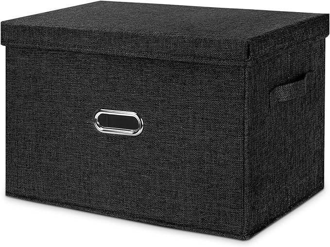 Large Linen Fabric Foldable Storage Bins with Removable Lid and Handles, Washable Storage Box Organizer Containers Baskets Cube with Cover for Bedroom,Office(Black, Small)