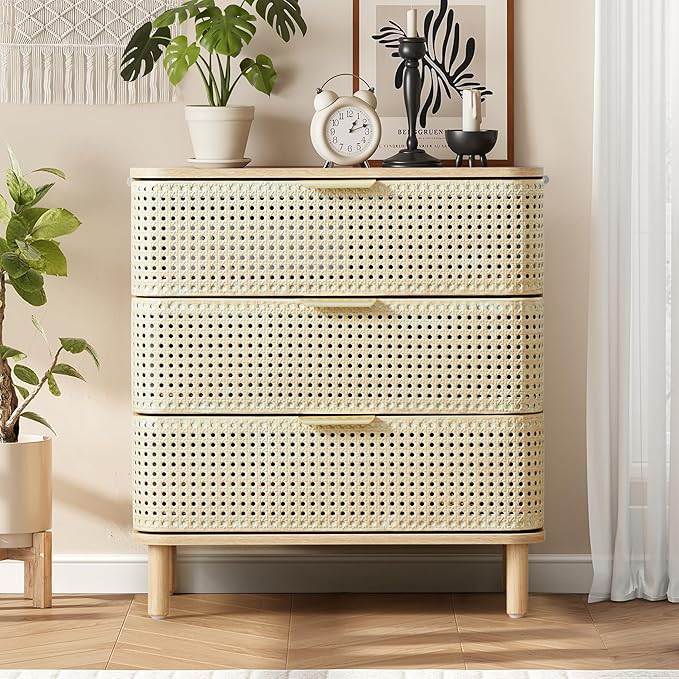ORRD 3 Drawer Dresser, Modern Iron Rattan Cabinet Dresser for Bedroom, Large Nightstand Accent Storage Chest of Drawers for Living Room, Bedroom - Natural