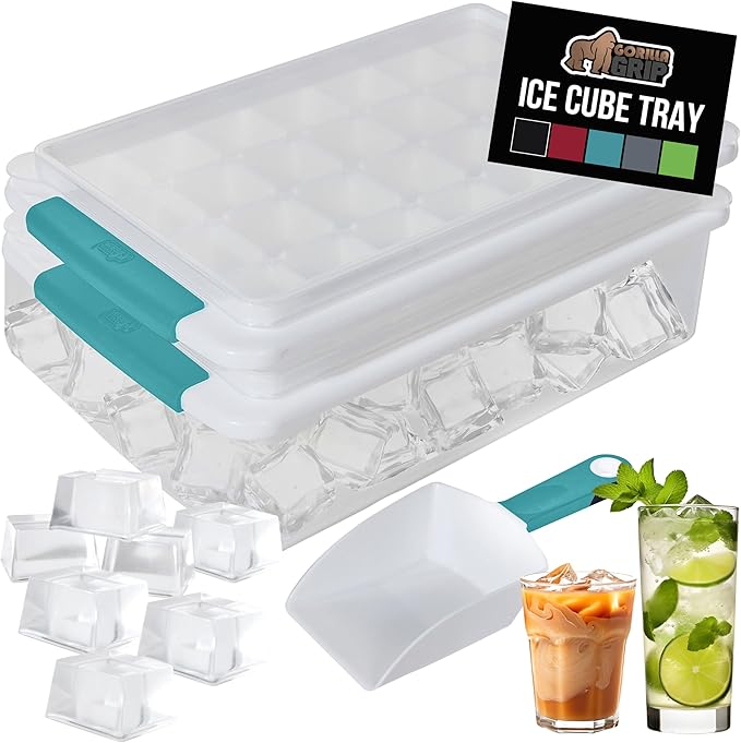GORILLA GRIP BPA-Free Easy Release Ice Cube Tray for Freezer, Make Lots of Ice, 56 Cubes Total, Kit Includes 2 Stackable Leakproof Trays with Lid and Soft Handle Grips, Scooper, Bin, Turquoise