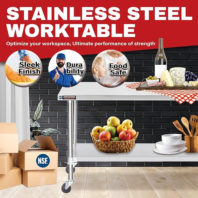 DuraSteel 24x48 NSF Stainless Steel Cart - Heavy Duty Food Prep Table with Undershelf - Rolling Kitchen Island on Wheels for Commercial Restaurant Kitchen, Garage, Outdoor Cooking, BBQ Grill, Counter