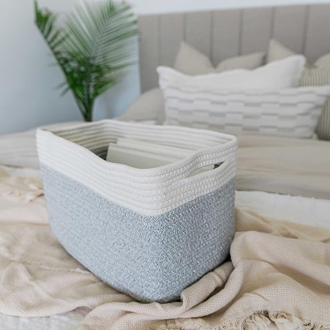 OrganiHaus Set of 3 Woven Storage Baskets for Shelves, Decorative Organizer Bins for Closet & Bathroom, Multipurpose Home Organization Baskets, Toy Storage Basket - Gray/Off-White, 15x9x10 inches
