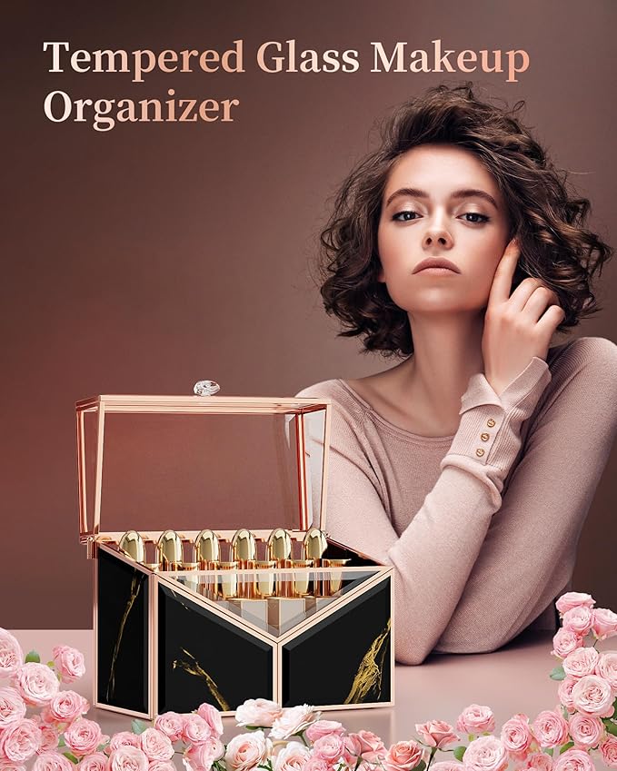 Lipstick Organizer - Black Glass Lipstick Holder & Nail Polish Organizer, 18-Slot Vanity Cosmetic Organizer with Removable Dividers,