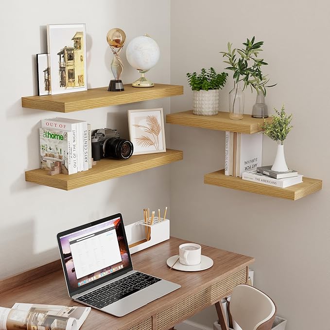 Fun Memories 32 Inch Floating Shelves for Wall Set of 2, Rustic Wood Wall Mounted Floating Shelf for Bathroom, Bedroom, Kitchen, 9.3 Inch Deep Shelves Invisible Brackets for Books|Storage|Decor, Oak