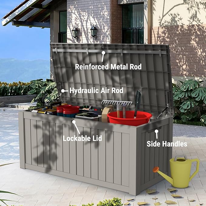 Mars Villa 119 Gallon Outdoor Storage Box, Large Resin Deck Box Waterproof, Storage Bin for Outside Patio Furniture Cushions, Pool Supplies, with Hydraulic Hinge, UV Resistant and Weatherproof, Greige