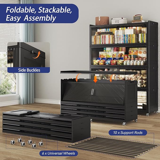 240 Gallon Extra Large Collapsible Storage Bin with Lid, 960QT Stackable Plastic Organizer with 6x Wheels, Foldable Drawer Cabinet for Closet, Living Room Office, Kitchen 3Pack, Black