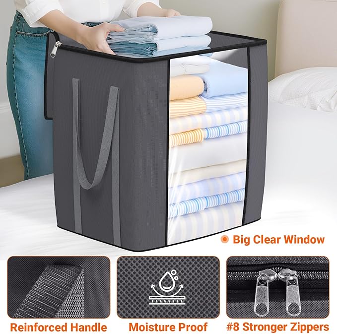 120L Extra Large Clothes Storage Bags, Foldable Blanket Storage and Organization, Thick Fabric Containers with Reinforced Handles & Zippers for Clothing, Comforters, Bedding, Gray, 4 Pack