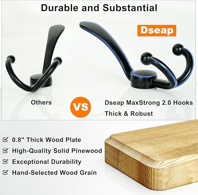 Dseap Coat Rack Wall Mount - Heavy-Duty Robust Rustic Wooden Wall Coat Hanger Hook Rail with 5 Triple Hooks for Winter Jacket & Hat Clothing, Light Brown & Black