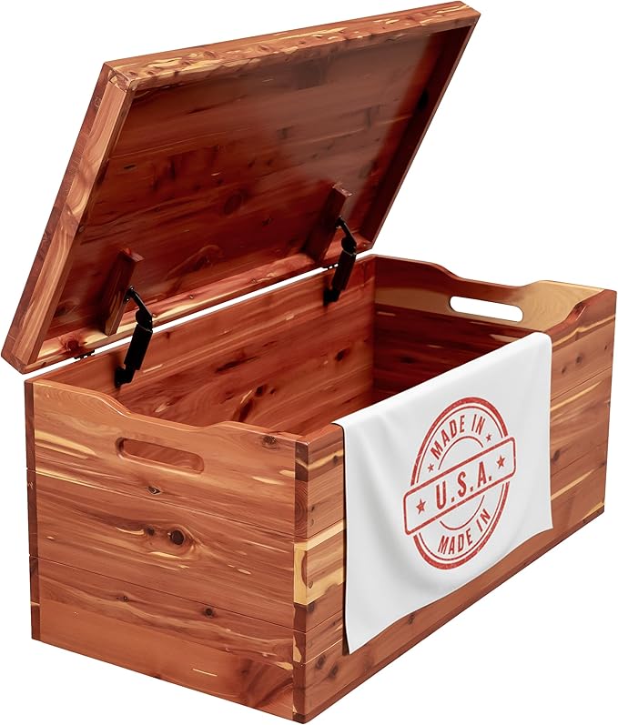 Amish Made Wooden Storage Chest Trunk Box with Lid and Handles for Bedroolanket, Clothes, Anti-Slam Hinges, Handmade, Rustic, Cedar Wood, Natural Stain, 36"