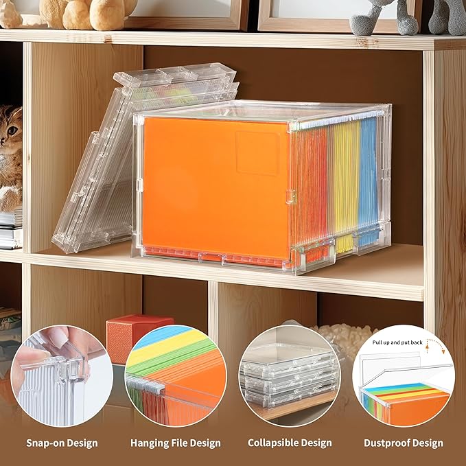File Organizer Box with Lid,Hanging Filing Folder Organizer for Document Storage with Plastic Slide,Letter-size File Holder Filing Box for Office/Home/Decor/（3Pack）