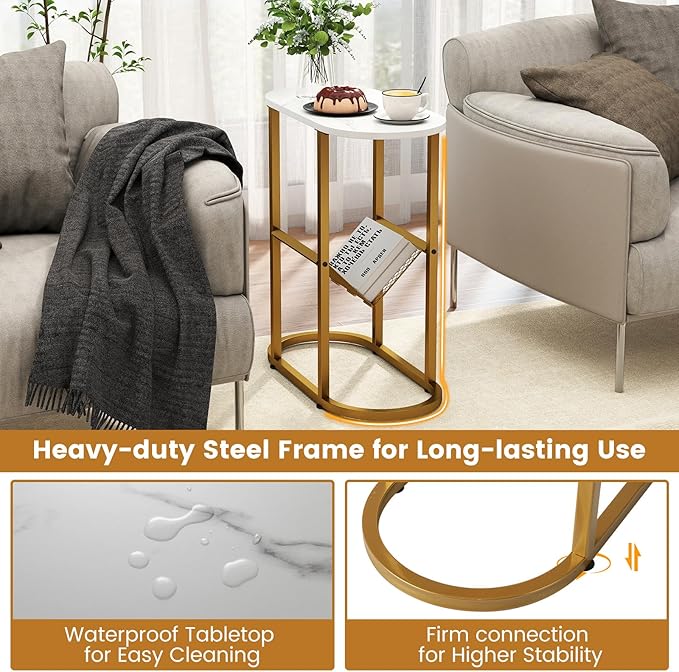 Tangkula Oval Narrow Side Table, 2-Tier End Table w/Mesh Magazine Rack, Steel Frame, Industrial Nightstand, Compact Sofa Bedside Table for Living Room Bedroom, White & Gold