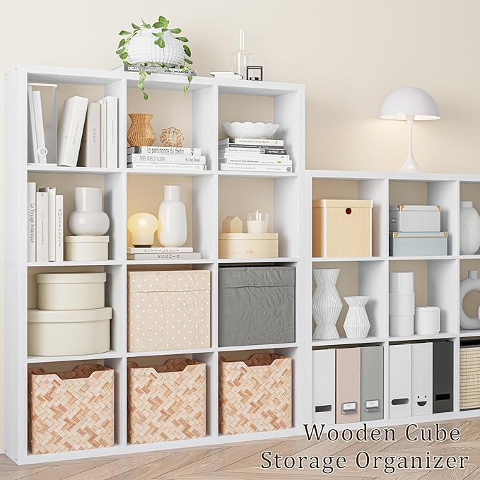 Cube Storage Organizer Bookcase, Decorative 11 inch Open Back Cubical Shelf with Thickened Border, Display Bookshelf for Living Room, Home Office, Sturdy Room (White, 12 Cube)