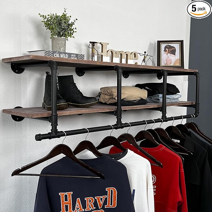 60In Industrial Pipe Clothing Rack with Top Shelf, Space-Saving Wall Mounted Clothes Rack 2 Tiers Pipe Shelves, Shelf with Hanging Rod for Laundry Room, Closet Storage
