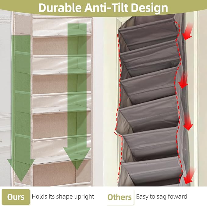 Over Door Organizer with 6 Extra Large Pockets 12 Side Pockets, Sturdy Closet Storage Rack, Hanging Storage Organizer with Clear Window for Shoes, Diapers, Toys, Bedroom, Bathroom, Beige