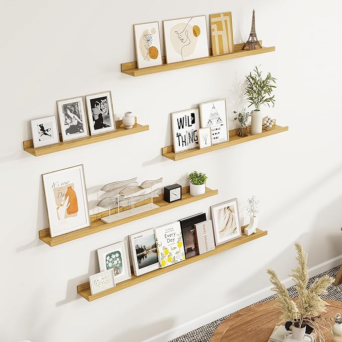 Fun Memories Picture Ledge Shelf, Floating Shelves Set of 4, 24 Inch Picture Shelves for Wall with Ledge, Large Nursery Book Shelf for Toys Storage, Living Room, Bedroom Decor Frames, Oak