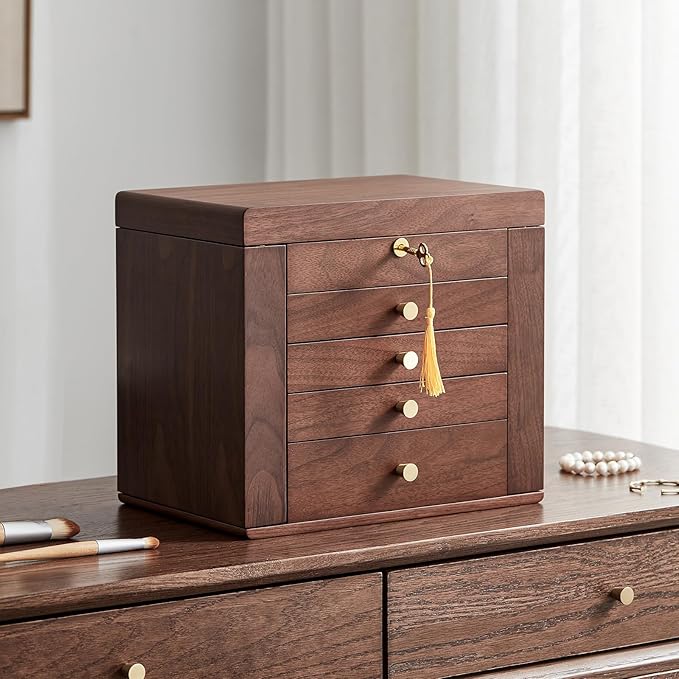 Black Walnut Wooden Jewelry Box, Wood Jewelry Organizer with 2 Side Doors Mirror Lockable Classical Style for Watch Necklace Ring Earring Storage Christmas Gifts-5 Layer
