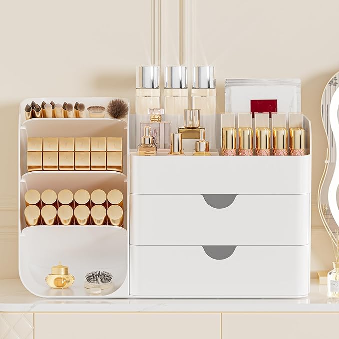 Makeup Organizer with 2 M Drawers & Brush Holders - Cosmetic Storage Case for Vanity, Bathroom Countertop & Desk - Skincare & Office Supplies Organizer (All White, M)