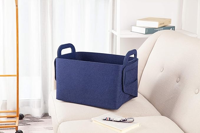 Minoisome Storage Basket Felt Storage Bin Collapsible& Convenient Box Organizer with Carry Handles for Office Bedroom Closet Babies Nursery Toys Laundry (Navy Blue, 13.8inch（L）×9.5inch（W）×8.3inch（H）)