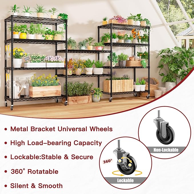 PrimeZone 74''H Wire Shelving 1250lbs 5 Tier Storage Shelves with Wheels NSF Certified Heavy Duty Steel Metal Shelf Adjustable Rolling Rack Kitchen Garage Closet Pantry Laundry 74''HX36''WX14''D 2PCS