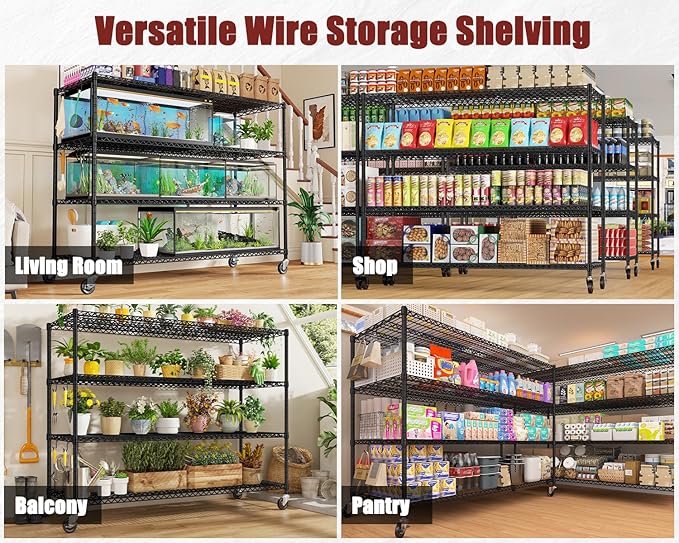 PrimeZone 60" W x 24" D x 76" H Heavy Duty Wire Storage Shelves with Wheels, 4 Tier Adjustable NSF Certified Garage Shelving Unit, Rolling Metal Organizer Shelf Rack for Warehouse, Pantry, 4 Packs