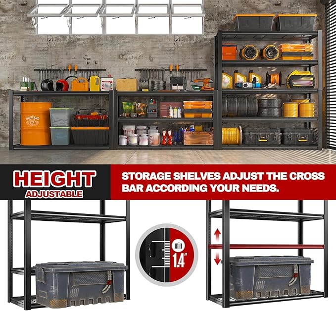 REIBII 48" W Garage Shelving Heavy Duty Load 2500LBS, 5 Tier Storage Shelves, Adjustable Metal Shelves for Warehouse, Pantry, Basement, 48" W X 72" H X18 D