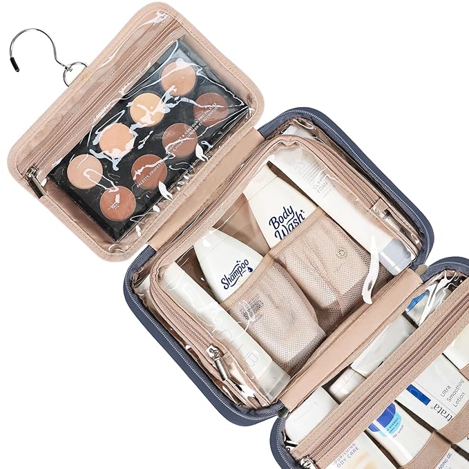 NISHEL Travel Toiletry Bag for Women, Makeup Essentials Organizer, Hanging Case for Accessories, Cosmetics, Medium Size, Aegean-Blue