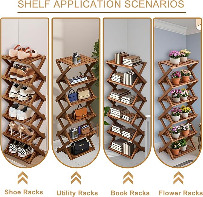 Comeon Bamboo Shoe Rack, Foldable Vertical Shoe Rack for Front Door Entrance Narrow Shoe Organizer Small Shoe Shelf for Entryway Shoe Storage Closet Multi-Tier (Brown Colors,4 Layers)