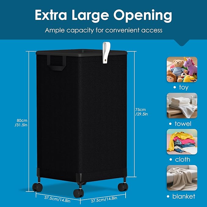 2Pcs Laundry Basket with Wheels 105L, Large Rolling Laundry Hamper with Removable Bag, Metal Frame Collapsible Dirty Clothes Bin, Cloth Organizer Hampers Pull Handle for Bathroom, Dorm, Bedroom Black