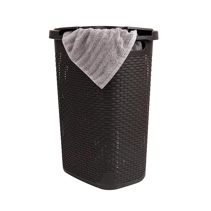 Mind Reader Slim Laundry Hamper with Lid, 60L Clothes Basket, Premium Wicker Design, Plastic, Brown