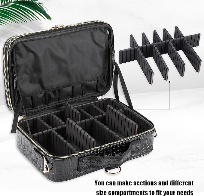 JOURMON Travel Makeup Train Case,Large Capacity Cosmetic Bags for Women,Portable Makeup Bag Organizer with Adjustable Dividers & Shoulder Strap (Crocodile Pattern Black,Medium)
